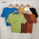 High-Grade Black Shoulder Round-Neck Short-Sleeved Knitted Shirt Women's New 2026 Summer Shoulder Ice Refresher Bottom Top