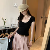 Lyselle Silk Wool Thin Pure Windy Pink U Collar Shoulder Short-Sleeved T-Shirt Women 2025 New Beautiful Top