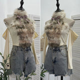 Real Shot Hairy Bow Hanging Neck High Neck Retro Shoulder Long-Sleeved T-Shirt Sexy Hottie Repair Body Dress 27912