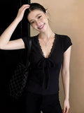Black Lace V-Neck Short-Sleeved T-Shirt For Girls Summer New Sweet Hottie Beautiful Short Blouse