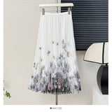 2025 New Printed Mesh Skirt Temperament Slim High Waist Hanging Feeling On Both Sides Wearing A Hundred-Fold Skirt Mid-Length Skirt