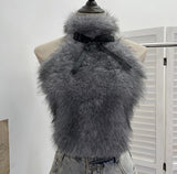 Real-Shooting Bow Hair Spliced Hanging Neck Vest Women In Autumn And Winter With Sleeveless Outside Wearing Short Babes Top 9309