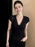 Black Lace V-Neck Short-Sleeved T-Shirt For Girls Summer New Sweet Hottie Beautiful Short Blouse