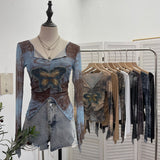 Real Shooting Pure Sexful V-Neck Umbilly T-Shirt Female Hairy Denim Butterfly Embroidered Mesh Yarn Long Sleeve Top 9996