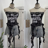 Real Shooting Hottie Camouflage Letter Print Chest Vest With Chest Pad Irregular Ribbon Short Top 8088