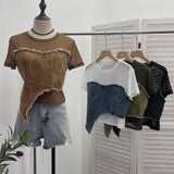 Solid Shooting Denim Splicing Mesh Yarn Short-Sleeved T-Shirt Summer Dress Irregularly Short High-Waist Repair Body Coat 26171