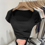 2026 Early Spring Temperament Explosion With Breast Pad Hottie Collar Shoulder Short-Sleeved T-Shirt New Summer