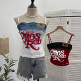Real-A-Case Letter-Print Spliced Denim Sling Vest Repair Outside The Hot Babes Bumpy Short Sleeveless Top 2309