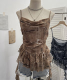 Real Shoot Spice Girl Swing Network Yarn Print Sling Vest Retivating Lotus Leaf Side Ribbon Short Top 1210