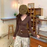 Super-Looking Temperament V-Neck Coffee Color With Bottom Knitted Shirt Women's Autumn 2025 New Long-Sleeved T-Shirt Top