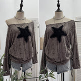 Wasteland Breeze Hot Girl Make Old Hole Star Long-Sleeved Top T-Shirt Loose Drawstring Tethered T-Shirt 6140