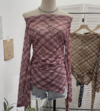 Vintage Lattice Mesh Long-Sleeved T-Shirt Irregularly Drifted Y2k Oblique Shoulder Short Top 8073