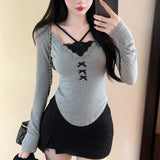 Pure Hot Girl Sexy Hanging Neck Top Girl Autumn And Winter Holiday Two Long-Sleeved T-Shirt High-End Lace Bottom Shirt