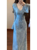 Autumn Temperament Wearing A Long Dress French Tie Stained Flower Blue Dress Women's Sunset Dress Waist High Sense Skirt