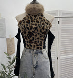 Real Shooting Leopard-Print Hair Hanging Neck High Shoulder Long-Sleeved T-Shirt Female Spliced Retro Hottie Short Top 2812-1