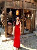 French Pure Desire Sister Wind V Tie Dress Women Summer Seaside Vacation Hip Sexy Red Temperament Dress