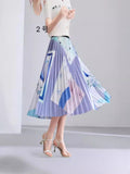 2025 New High-Rise Half-Dress Woman Tight Waist Ink Print Design Sense A-Character Skirt In The Long Folded Skirt