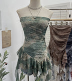 Real Shooting Hottie Sexy Shoulder Irregular Lotus Side Ribbon Bram Repair Print Sleeveless Top 1228