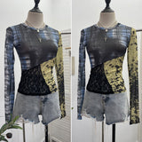 Pictsey Tat Yarn Print Bottom Blouse Spliced Lace Long-Sleeved T-Shirt 22917