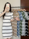 Striped Short-Sleeved Round-Neck Knitted Dress Women's Early Autumn New Slim Fresh Sweet Long Skirt