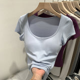 2026 Early Spring Temperament Explosion With Breast Pad Hottie Collar Shoulder Short-Sleeved T-Shirt New Summer