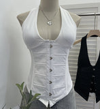 Real Shooting Babes Low-Chested Hanging Neck Slings Fish Bone Collar Belt Belt Buckle Buckle Short Coat 2881