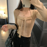 Temperament Square Tie Design Feel White Inside The Bottom Shirt Women's Autumn And Winter 2025 New Long-Sleeved T-Shirt Short Top