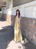 French Fairy Temperament Seaside Holiday Dress Pendant Yellow Dizzling Print V Tie Dress Female Summer