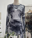Real Shooting Babes Long Sleeves And Jersey Net Yarn Dye Printing Irregular Lotus Leaf Edge Ribbon Folding Top 9998