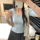 This Year's Popular Explosion Super-Looking Gray U-Neck Short-Sleeved T-Shirt Women's Spring 2026 New Small Small Blouse