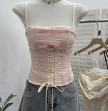 Real Shooting Thousand Gold-Sensitive Bow Strap Lace Lace With Breast Pad Sling Vest Short Blouse 1551