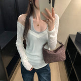 Korean Beauty Holiday Two Long-Sleeved V-Neck Hanging Neck T-Shirt Women 2026 Spring New Waist Thin Inside A Small Top