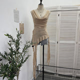 Real Shooting Waste Soil Wind Low Chest Collar Irregular Lotus Side Ribbon Vest Female Perspective Thin Sleeveless Top 9623