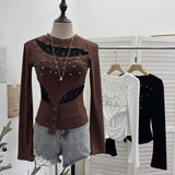 Punk Vintage Hottie Long-Sleeved T-Shirt Girl Autumn Lace Rivet Design Sense Thin Top 1358