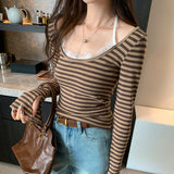 Small Design Lace Side Hanging Neck Striped Long-Sleeved T-Shirt Woman 2025 New High-End Non-Framming Shirt Top