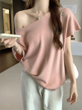French Oblique Knitted Bat Sleeve T-Shirt For Women's Summer Pure-Willed Loose Short-Sleeved Ins Sexy Out-To-Shoulder Bottom Top