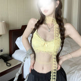 Dopamine Yellow Lace Sling Vest Women Wear Summer Tective Taut Mesh Hanging Neck Top