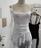 Real Shooting Lace Suspension Sheaf Vest Women's Summer Thin Irregular Lotus Leaf-Side Ribbon Slime Blouse 11851