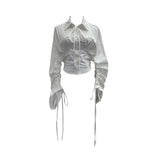 Dark Belted Long-Sleeved Shirt Women's Spring And Autumn Collar Rope Sleeves Contour Shaped Short Top 2775