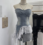 Real Pat With Chest Cushion Irregular Ribbon Lace Skirt Stided With Denim Vest Back Sleeveless Top 2759