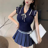College Summer New Striped Tiling With Short-Sleeved Design Bow Sweet Age-Sleeved Knitting Top