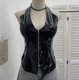 Real Shoot Babes Hanging Neck Deep V Sexy With Chest Pad Pu Sling Sling Zip Open Shirt Woman 8130