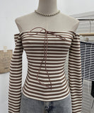 Real Shooting Design With A Word Shoulder Striped Strapped T-Shirt For Women's Spring Long-Sleeved And Shoulder-To-Shoulder Short-Sized Top 8026