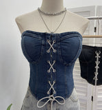 Real Shot With Chest Pad Water Washing Denim Breast Vest Bright Crystal Crystalline Wearing Rope With Short Sleeveless Top Woman 2856