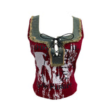 Real Shooting Hottie Hairy Denim Spliced Printed Vest With Bows Short Sleeveless Top 8926