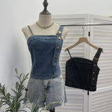 Spice Girls Slanted Shoulder Jeans Slings Vests Women Wearing Irregular Buckle Short Sleeveless Top 653