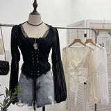 French Court Wind Strapped With Waist Fish Bone Shirt Lace Shirt Back Waist To Take Short Top 8803