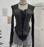 Sexy Square Collar Mesh Spliced Denim Strapped Belted Blouse Design With A Short T-Shirt 2230