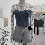 Real Shooting Hottie Letter-Print Mesh Spliced Cowboy Long-Sleeved Bottom Shirt Blouse Short T-Shirt Girl 2623