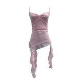 Real Shooting Thrombial Rivet Sling Skirt Design Lotus Side Ribbon Ribbon Vest Dye Net Yarn Sleeveless Top Lady 1275